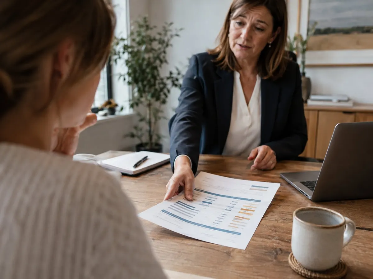 A benefits advisor walking a client through a document at a conference table