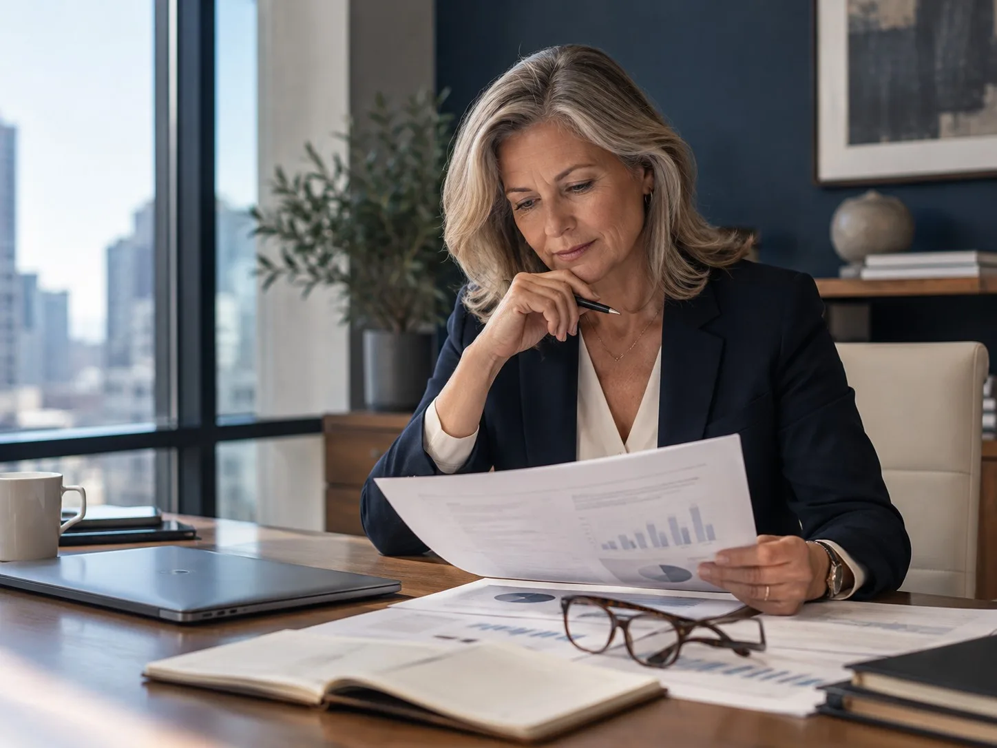 A finance leader reviewing a benefits renewal report
