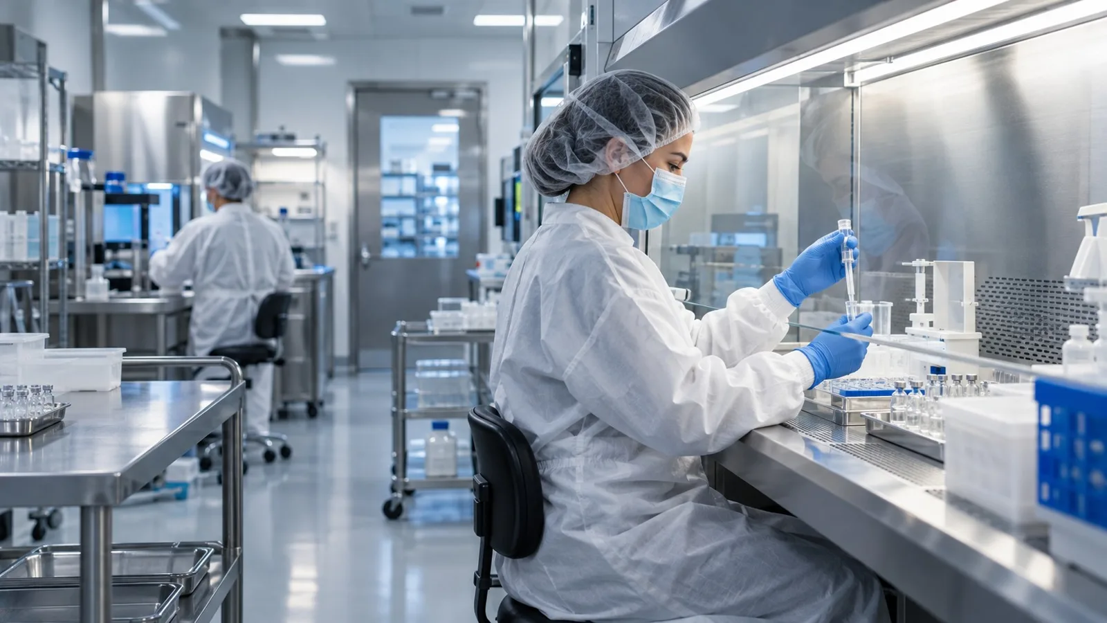A pharmacist compounding medication in a clean room