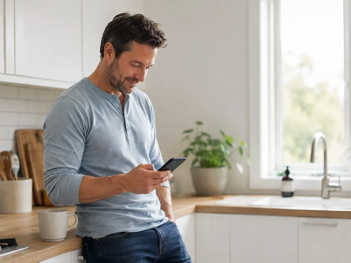 A man having coffee at his kitchen counter on an ordinary morning