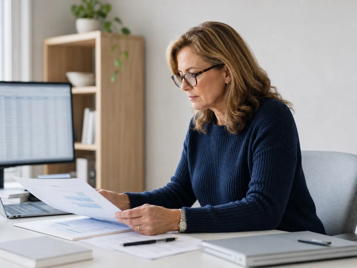 An HR leader reviewing printed reports at a desk in a bright office