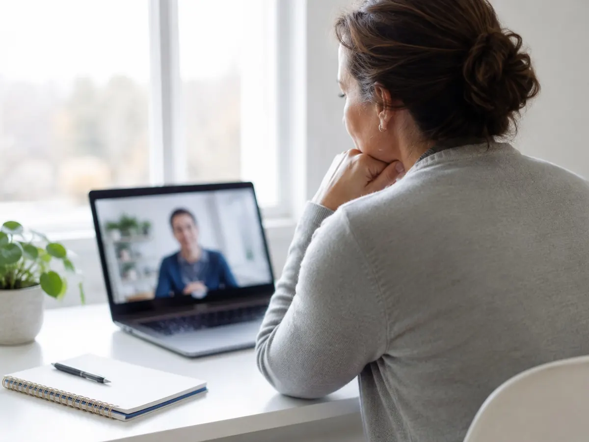 A woman at home on a video call at her desk near a bright window
